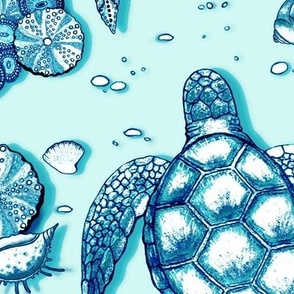 Swimming turtles in the ocean, Blue turtles on a light blue background