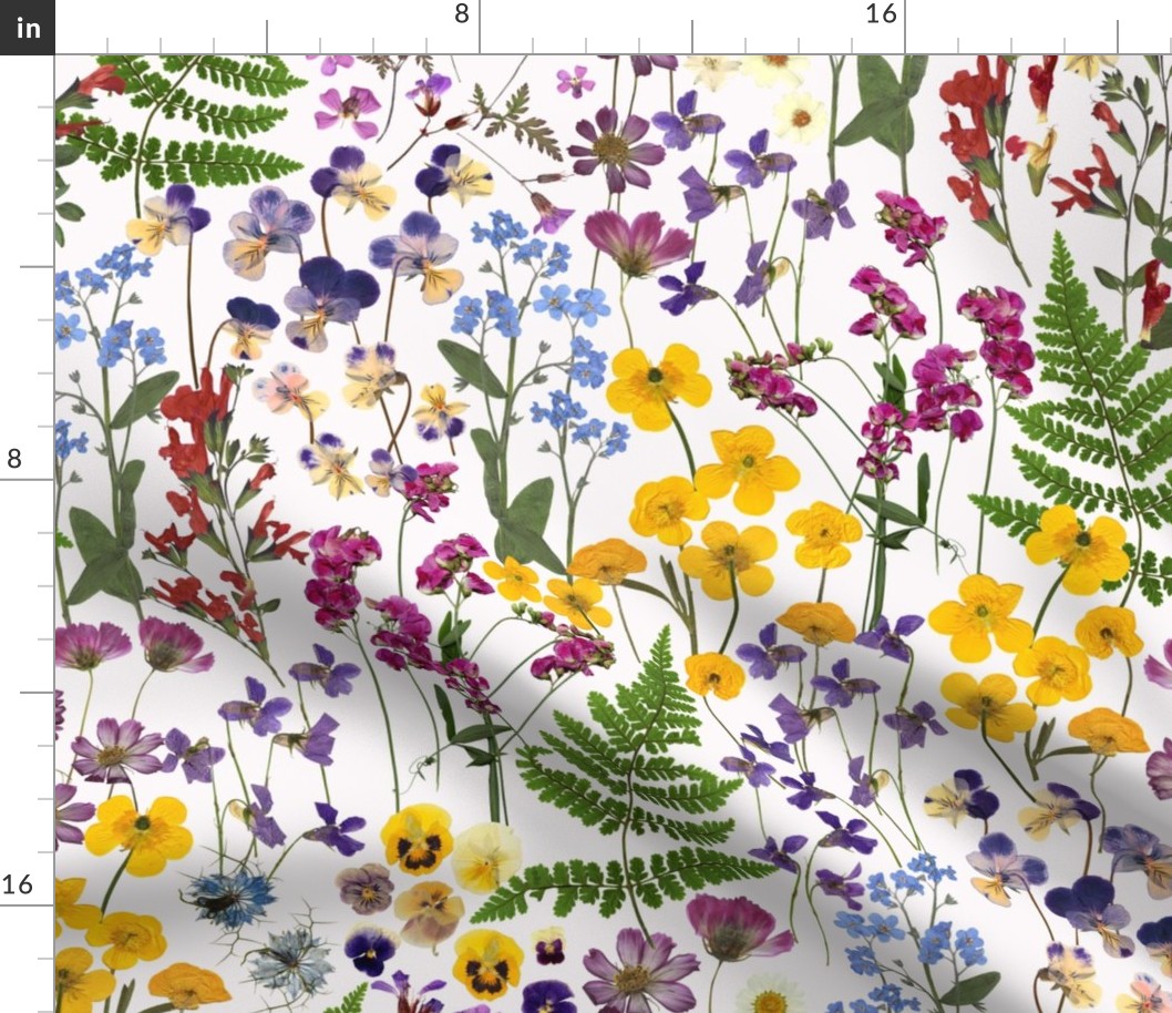 21" Midsummer Dried And Pressed Colorful Wildflowers Meadow , Dried Flowers Fabric, Pressed Flowers Fabric