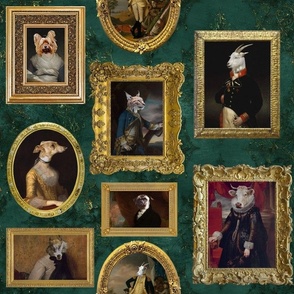 14" Famous Mystic Goth Animals  Portraits In The Museum  - dark green damask wallpaper