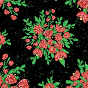 Large scale floral pattern in coral red green and black