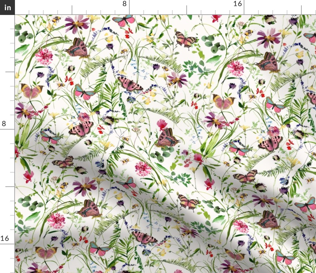 12" In the weeds  2 - Wildflowers and Herbs , Pollinators Home decor,Summer Wildflower Meadow - on white Nursery Fabric, Baby Girl Fabric, perfect for kidsroom, kids room, kids decor 