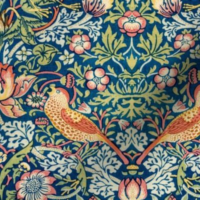 Strawberry Thief by William Morris - MEDIUM - original blue canvas Antiqued art nouveau art deco fabric background