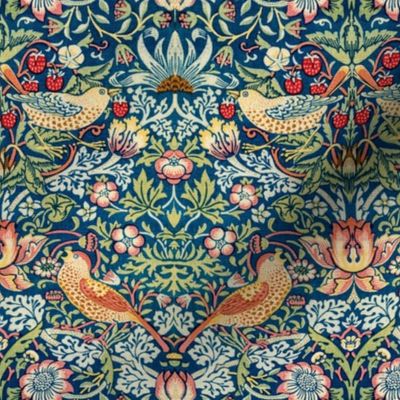 Strawberry Thief by William Morris - SMALL - original blue canvas fabric antiqued restored reconstruction  art nouveau art deco background