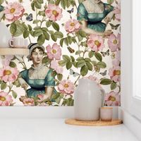 7" Famous Writer Jane Austen in Roses Garden, Jane Austen antiqued Fabric, Jane Austen reconstruction Wallpaper, Jane Austen historic Home decor, sepia vintage