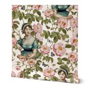 7" Famous Writer Jane Austen in Roses Garden, Jane Austen antiqued Fabric, Jane Austen reconstruction Wallpaper, Jane Austen historic Home decor, sepia vintage