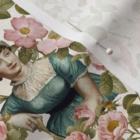7" Famous Writer Jane Austen in Roses Garden, Jane Austen antiqued Fabric, Jane Austen reconstruction Wallpaper, Jane Austen historic Home decor, sepia vintage