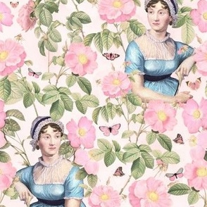 7"Nostalgic Famous Writer Original Jane Austen Portrait in Roses Garden, Jane Austen antiqued Fabric, Jane Austen reconstruction Wallpaper, Jane Austen historic Home decor, soft pink