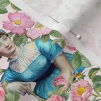 7" Nostalgic Famous Writer Original Jane Austen Portrait in Roses Garden, Jane Austen antiqued Fabric, Jane Austen reconstruction Wallpaper, Jane Austen historic Home decor, blush pink watercolor