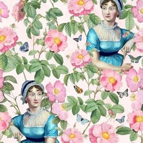 7" Nostalgic Famous Writer Original Jane Austen Portrait in Roses Garden, Jane Austen antiqued Fabric, Jane Austen reconstruction Wallpaper, Jane Austen historic Home decor, blush pink watercolor
