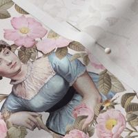 7" Nostalgic Famous Writer Original Jane Austen Portrait in Roses Garden, Jane Austen antiqued Fabric, Jane Austen reconstruction Wallpaper, Jane Austen historic Home decor, light blush 