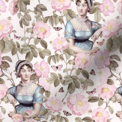 7" Nostalgic Famous Writer Original Jane Austen Portrait in Roses Garden, Jane Austen antiqued Fabric, Jane Austen reconstruction Wallpaper, Jane Austen historic Home decor, light blush 