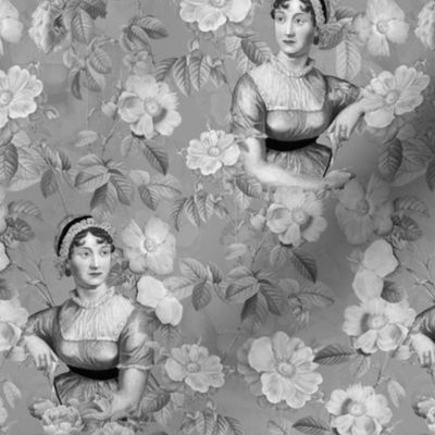 7" Nostalgic Famous Writer Original Jane Austen Portrait in Roses Garden, Jane Austen antiqued Fabric, Jane Austen reconstruction Wallpaper, Jane Austen historic Home decor, grey