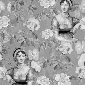 7" Nostalgic Famous Writer Original Jane Austen Portrait in Roses Garden, Jane Austen antiqued Fabric, Jane Austen reconstruction Wallpaper, Jane Austen historic Home decor, grey