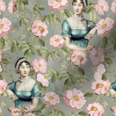 7" Nostalgic Famous Writer Original Jane Austen Portrait in Roses Garden, Jane Austen antiqued Fabric, Jane Austen reconstruction Wallpaper, Jane Austen historic Home decor, sepia vintage grey