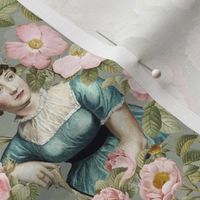 7" Nostalgic Famous Writer Original Jane Austen Portrait in Roses Garden, Jane Austen antiqued Fabric, Jane Austen reconstruction Wallpaper, Jane Austen historic Home decor, sepia vintage grey