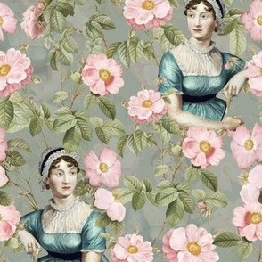 7" Nostalgic Famous Writer Original Jane Austen Portrait in Roses Garden, Jane Austen antiqued Fabric, Jane Austen reconstruction Wallpaper, Jane Austen historic Home decor, sepia vintage grey