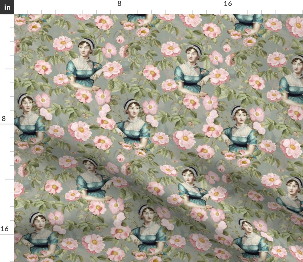 7" Nostalgic Famous Writer Original Jane Austen Portrait in Roses Garden, Jane Austen antiqued Fabric, Jane Austen reconstruction Wallpaper, Jane Austen historic Home decor, sepia vintage grey
