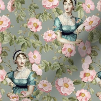7" Nostalgic Famous Writer Original Jane Austen Portrait in Roses Garden, Jane Austen antiqued Fabric, Jane Austen reconstruction Wallpaper, Jane Austen historic Home decor, sepia vintage 