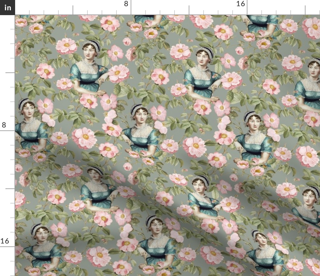 7" Nostalgic Famous Writer Original Jane Austen Portrait in Roses Garden, Jane Austen antiqued Fabric, Jane Austen reconstruction Wallpaper, Jane Austen historic Home decor, sepia vintage 