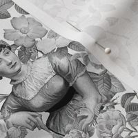 7" Nostalgic Famous Writer Original Jane Austen Portrait in Roses Garden, Jane Austen antiqued Fabric, Jane Austen reconstruction Wallpaper, Jane Austen historic Home decor, black and white 