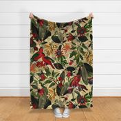 Vintage Tropical Red Birds And Flower Jungle,  Vintage Wallpaper yellow, double layer