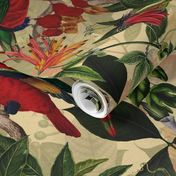 Vintage Tropical Red Birds And Flower Jungle,  Vintage Wallpaper yellow, double layer