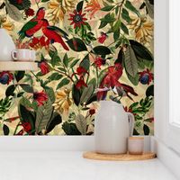 Vintage Tropical Red Birds And Flower Jungle,  Vintage Wallpaper yellow, double layer