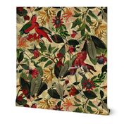 Vintage Tropical Red Birds And Flower Jungle,  Vintage Wallpaper yellow, double layer