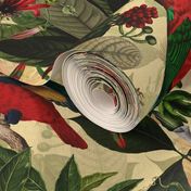 Vintage Tropical Red Birds And Flower Jungle,  Vintage Wallpaper yellow, double layer