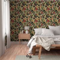 Vintage Tropical Red Birds And Flower Jungle,  Vintage Wallpaper yellow, double layer