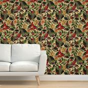 Vintage Tropical Red Birds And Flower Jungle,  Vintage Wallpaper yellow, double layer