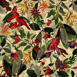 Vintage Tropical Red Birds And Flower Jungle,  Vintage Wallpaper yellow, double layer