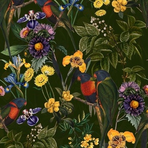 Vintage Tropical Birds And Flower Jungle , Vintage Wallpaper - green double Dark Moody Floral  layer