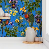 Vintage Tropical Birds And Flower Jungle , Vintage Wallpaper - blue double layer