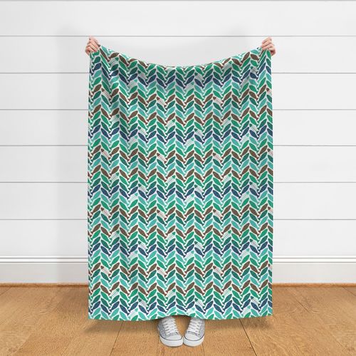 Fun Nautical Herring Fish and Bones in Herringbone Pattern in Blue, Brown and Teal Gender Neutral Large