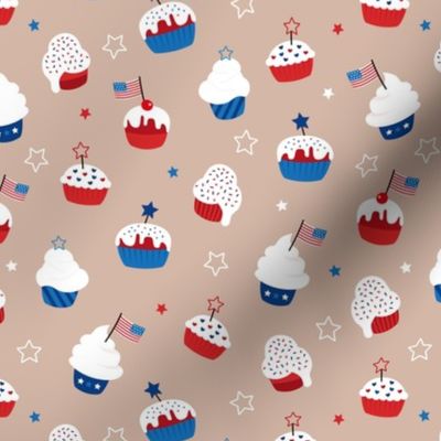 Cupcake and sprinkles summer 4th of july celebration stars and stripes kids american ice-cream and bakery usa national holiday on beige tan