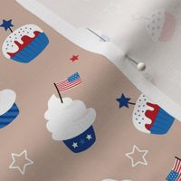 Cupcake and sprinkles summer 4th of july celebration stars and stripes kids american ice-cream and bakery usa national holiday on beige tan