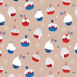 Cupcake and sprinkles summer 4th of july celebration stars and stripes kids american ice-cream and bakery usa national holiday on beige tan