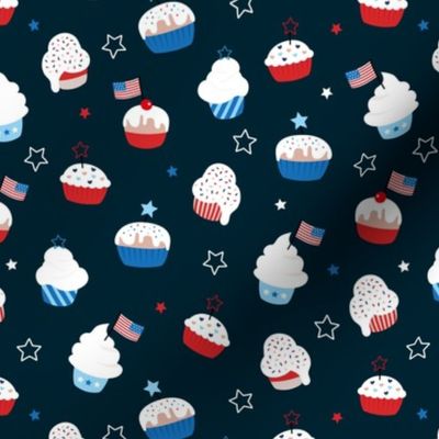 Cupcake and sprinkles summer 4th of july celebration stars and stripes kids american ice-cream and bakery usa national holiday on navy blue night