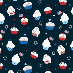 Cupcake and sprinkles summer 4th of july celebration stars and stripes kids american ice-cream and bakery usa national holiday on navy blue night
