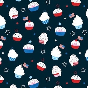Cupcake and sprinkles summer 4th of july celebration stars and stripes kids american ice-cream and bakery usa national holiday on pink red blue on navy