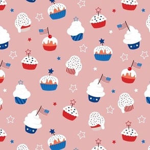Cupcake and sprinkles summer 4th of july celebration stars and stripes kids american ice-cream and bakery usa national holiday on moody pink blush