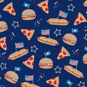 American diner Holiday celebration dinner hamburgers pizza and hotdogs 4th of July stars and stripes usa flag and confetti on navy blue