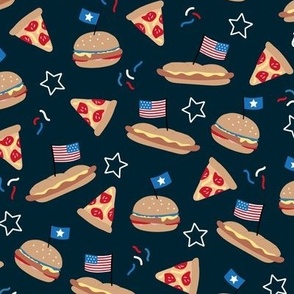 American diner Holiday celebration dinner hamburgers sandwich pizza and hotdogs 4th of July stars and stripes usa flag and confetti red blue on deep navy blue night