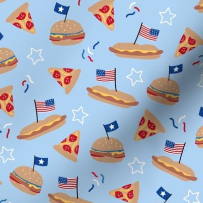 American diner Holiday celebration dinner hamburgers sandwich pizza and hotdogs 4th of July stars and stripes usa flag and confetti red blue on deep navy blue night