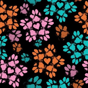 Large Puppy Paw Print Floral, Tropical on Black