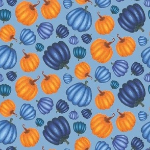 Blue and Orange Pumpkin Half Drop Pattern Blue Background