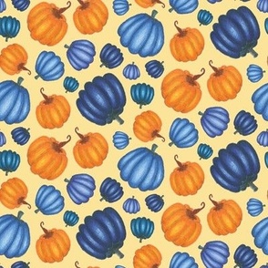 Blue and Orange Pumpkin Half Drop Pattern Yellow Background