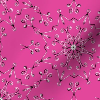 Kaleidoscope Star and Scissors Silvery Gray on Raspberry Pink