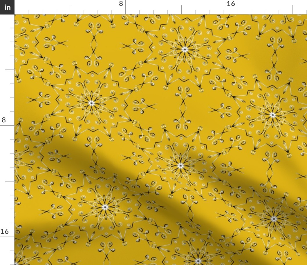 Kaleidoscope Star and Scissors Silvery Gray on Mustard Yellow